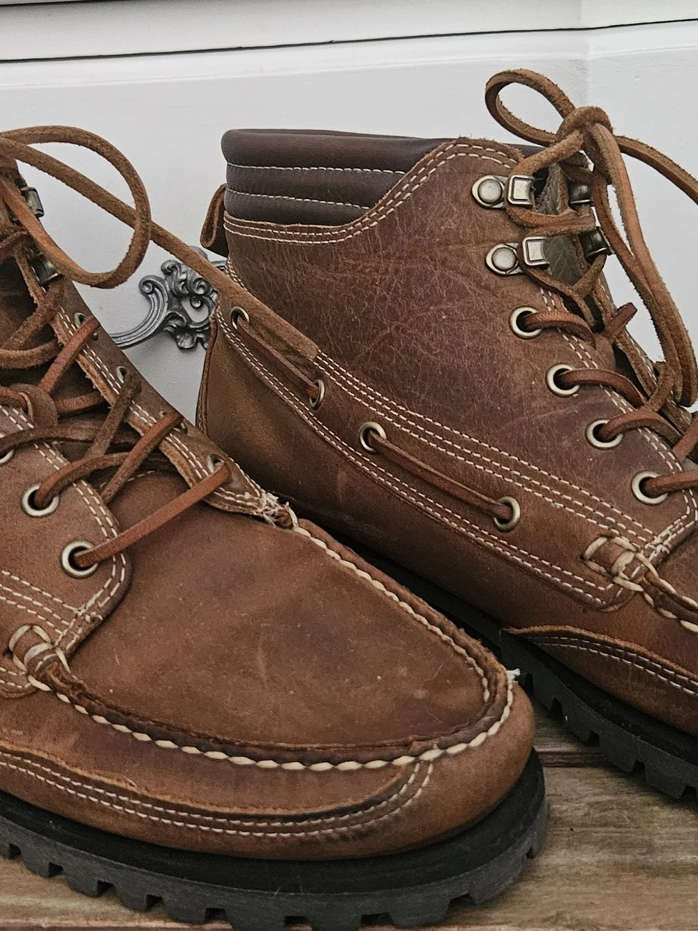 Vintage Sebago Brown Leather Moc-Toe Lug Boots